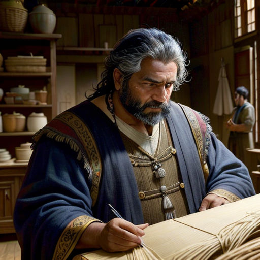 a man in a medieval costume is writing something on a piece of paper while another man looks on in the background