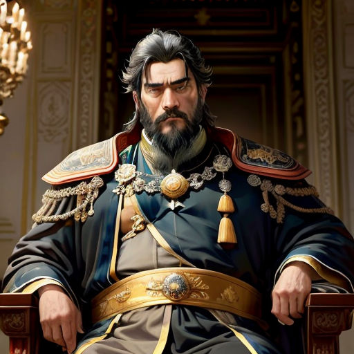 a man in a uniform sitting in a chair with a chandelier in the background and a chandelier hanging from the ceiling