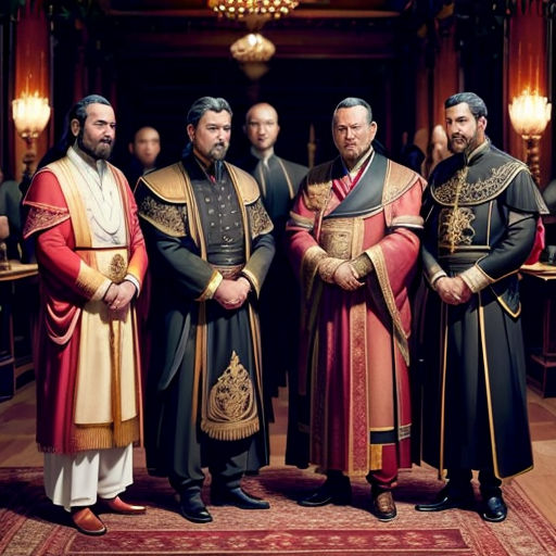 a group of men standing next to each other in a room with chandeliers on the ceiling and a chandelier hanging from the ceiling