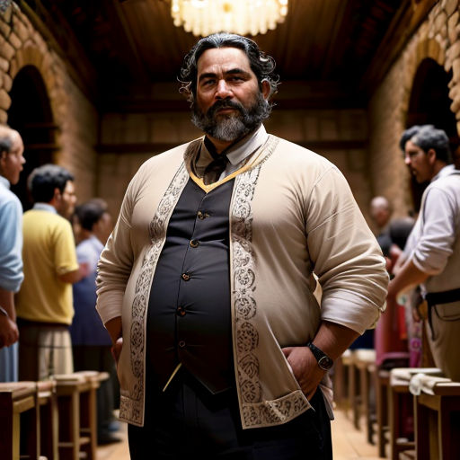 a man standing in a room with a lot of people around him and a chandelier hanging from the ceiling