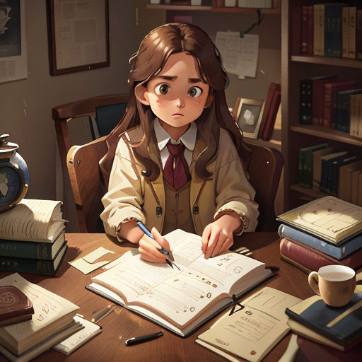 a girl sitting at a desk with a book and pen in her hand and a clock in the background
