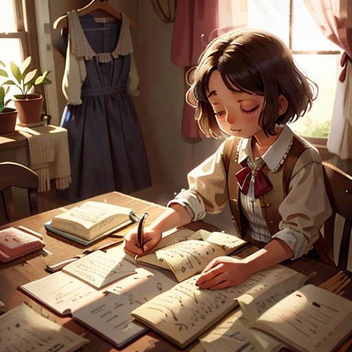 a little girl sitting at a table with a book and pen in her hand and writing on a book