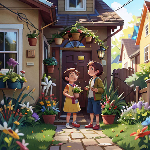 a boy and a girl standing in front of a house with flowers in the yard and a bird flying over the house