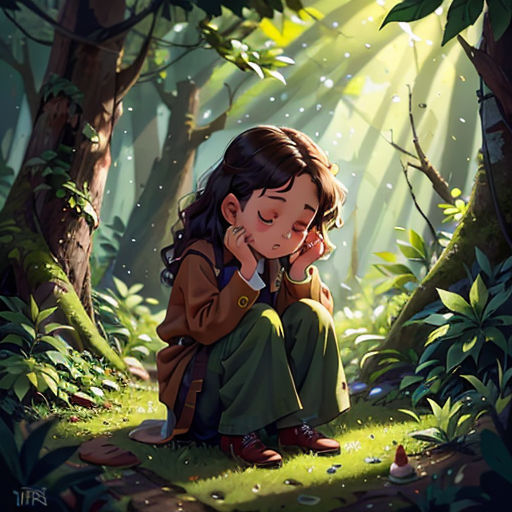 a girl sitting in the middle of a forest with her head down and her hands on her chin, looking at the ground