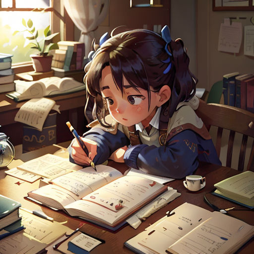 a girl sitting at a desk with books and a pen in her hand and a book on the desk