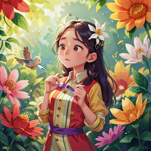 a girl in a red dress standing in a field of flowers with a bird flying over her shoulder and a bird on her shoulder