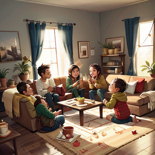 a family sitting on a couch in a living room together, talking and drinking coffee together, with a dog sitting on the floor