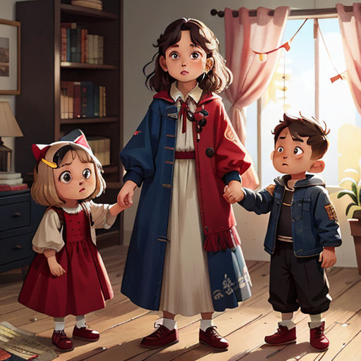 a group of children standing next to each other in a room with a window and a cat on the floor