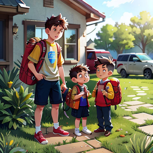 a boy and two boys are standing in the grass with a backpack on their shoulders and a backpack on their shoulder