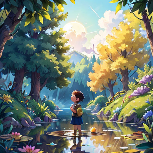 a boy standing in a forest looking at a pond with a bird in it and a forest in the background