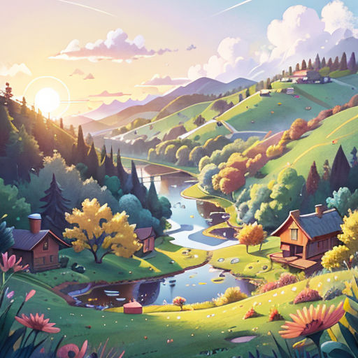 a painting of a beautiful landscape with a river and a house in the distance, with a sun setting in the background