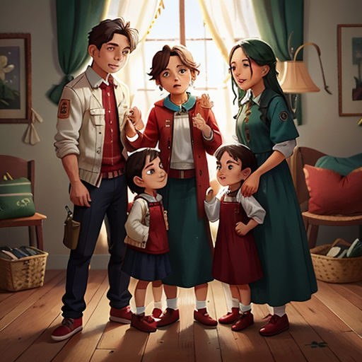 a family standing in a room with a window behind them and a lamp on the wall above them, and a painting of a man and woman and two children