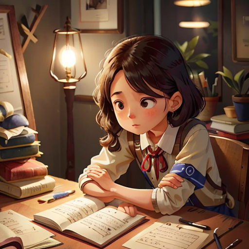 a girl sitting at a desk with books and a lamp in the background and a lamp on the wall