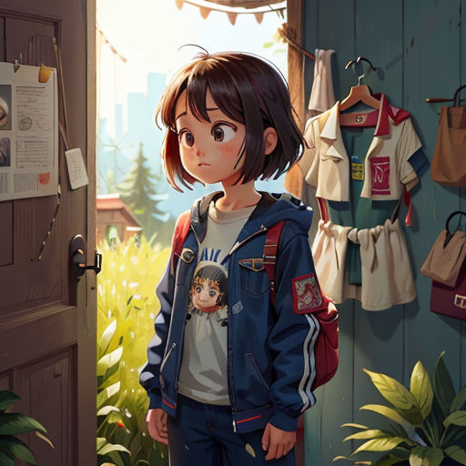 a girl standing in a doorway with a backpack on her shoulder and a backpack on her shoulder, in front of a wall with clothes hanging on it