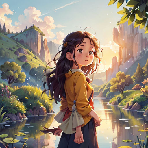 a girl standing in front of a river with a mountain in the background and a sky background with clouds