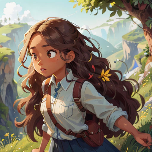 a girl with long hair and a backpack walking through a forest with a mountain in the background and a valley in the background