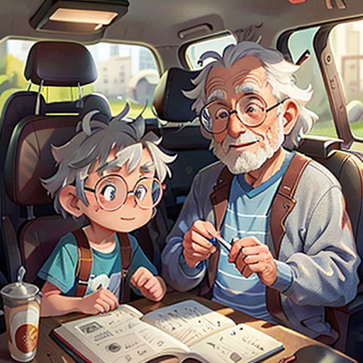 an older man and a young boy sitting in a car reading books and eating food together, with a book open to the side