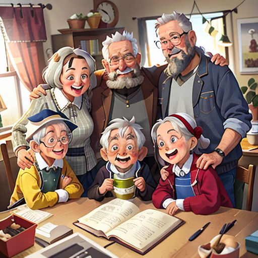 a family of five sitting at a table with a book and a cup of coffee in front of them