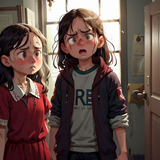 a couple of kids standing next to each other in a room with a door open and a window open