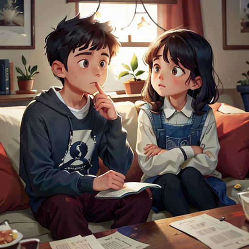 a boy and a girl sitting on a couch looking at a book and a cup of coffee in front of them