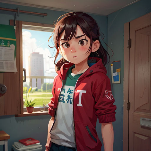 a girl standing in a room with a window looking out at the grass outside of the window and a potted plant in the corner