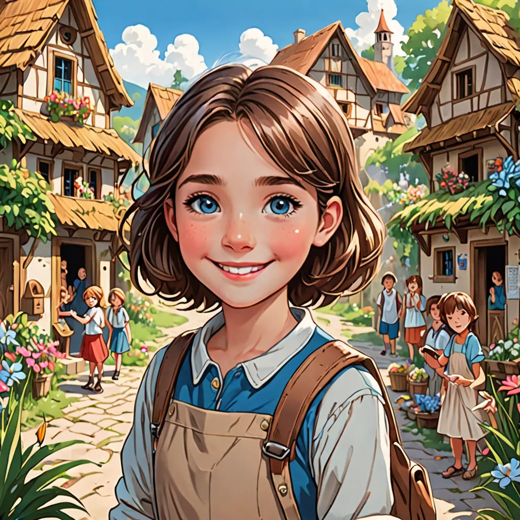 a cartoon picture of a girl holding a teddy bear in front of a village with flowers and people walking around, fantasy art, a storybook illustration, Alice Prin, rossdraws global illumination