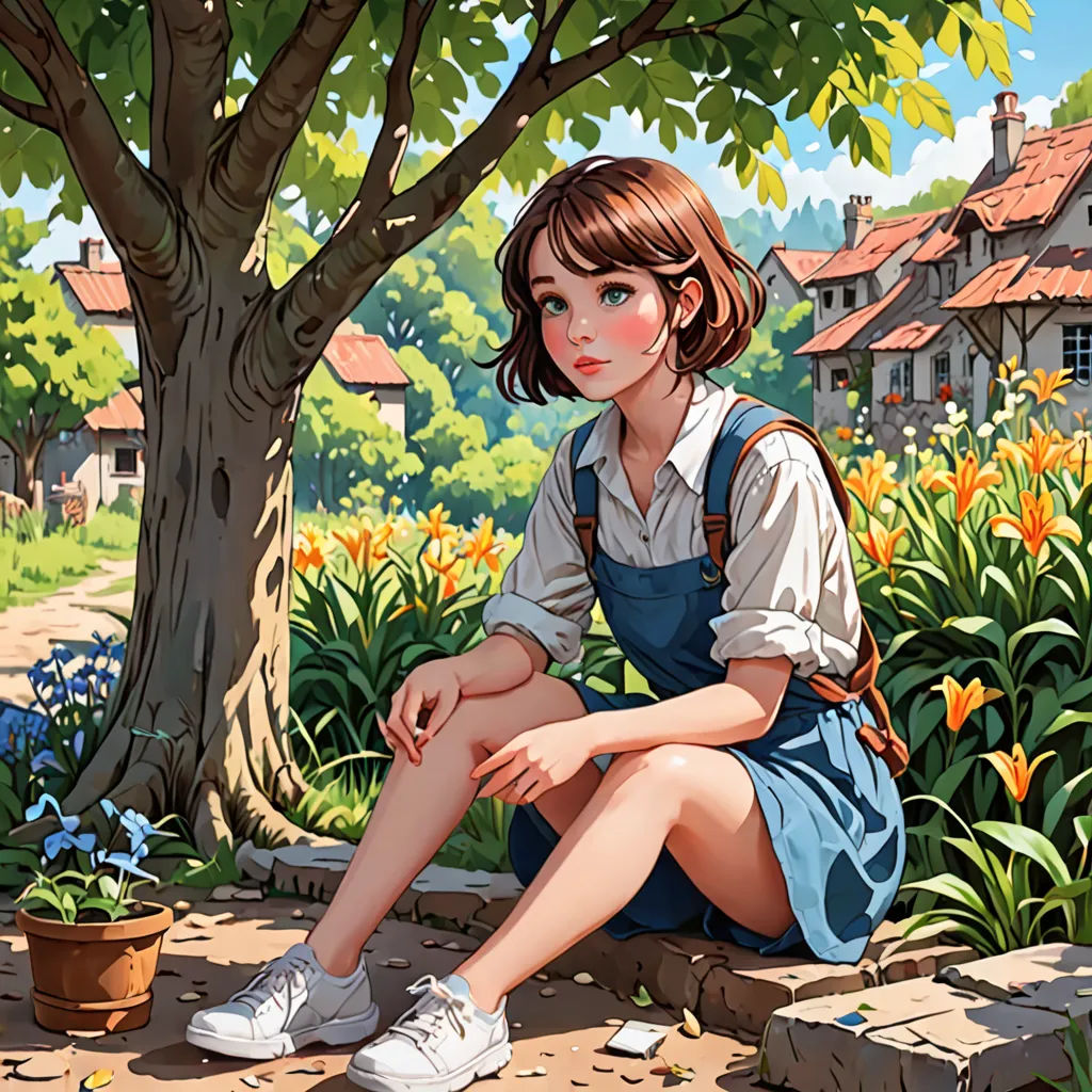 a painting of a girl sitting on a stone step next to a tree and flowers in a garden with a house in the background, fantasy art, a storybook illustration, Artgerm, rossdraws global illumination