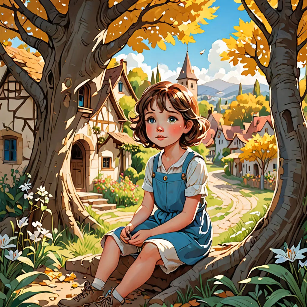 a painting of a little girl sitting on a tree stump in a forest with a house in the background, fantasy art, a storybook illustration, Cliff Childs, rossdraws global illumination