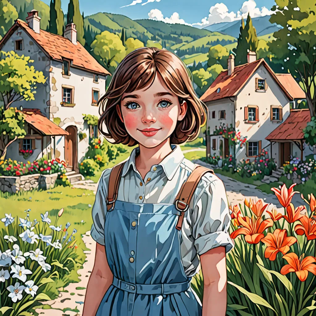 a painting of a girl in a blue dress standing in front of a house with flowers in the foreground, fantasy art, a storybook illustration, Colin Middleton, trending on art station