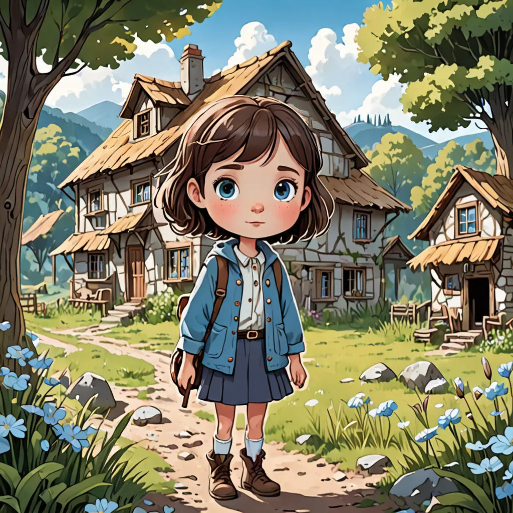 a girl is standing in front of a house with a blue sky and clouds in the background and a path leading to a blue flowered area, fantasy art, a storybook illustration, Alice Prin, 2 d game art