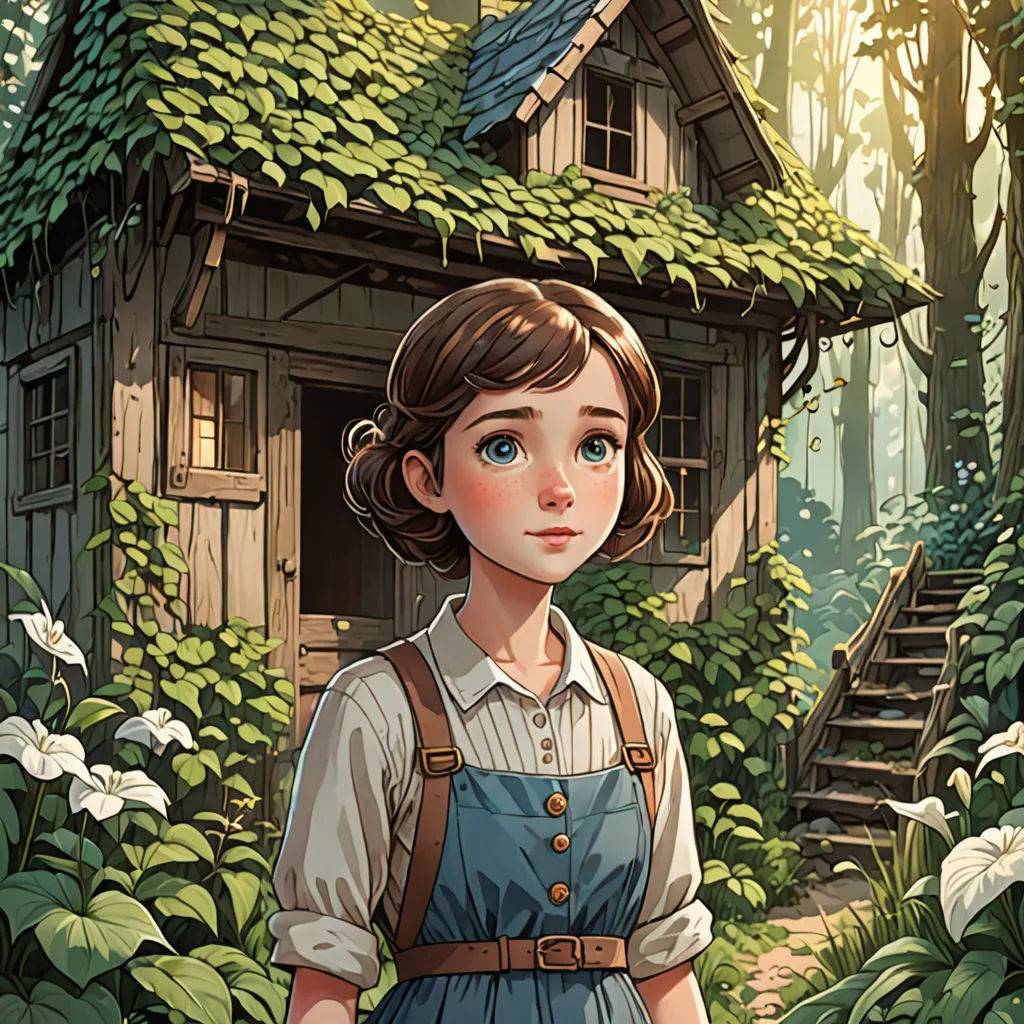 a girl in a blue dress standing in front of a house in the woods with a dog in front of her, arts and crafts movement, a storybook illustration, Alice Prin, rossdraws global illumination