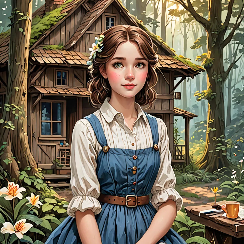 a painting of a girl in a blue dress sitting in front of a house in the woods with a cup of tea, fantasy art, a storybook illustration, Alice Prin, highly detailed digital painting