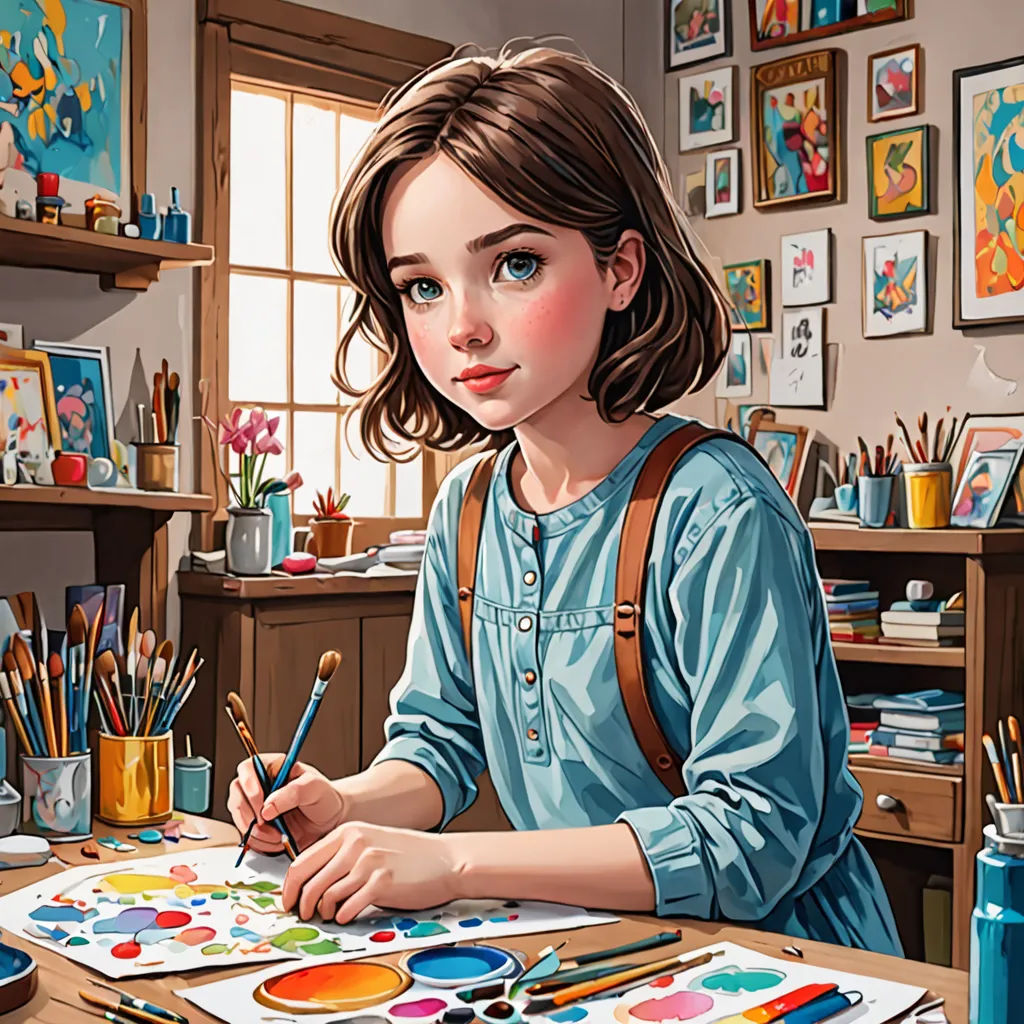 a girl is sitting at a table with a painting and a paintbrush in her hand and a lot of art on the table, naive art, a detailed painting, artist, highly detailed digital painting
