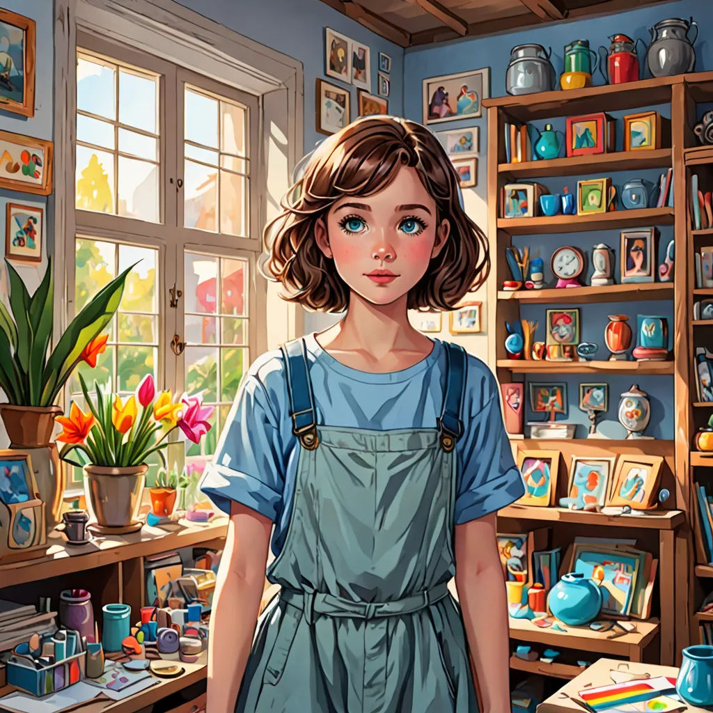 a painting of a girl in a room with a lot of shelves and a potted plant in it, cloisonnism, a detailed painting, artist, trending on art station