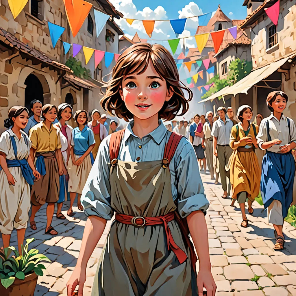 a painting of a girl in a village with a crowd of people in the background and a banner of bunting, fantasy art, a storybook illustration, Bob Byerley, official art
