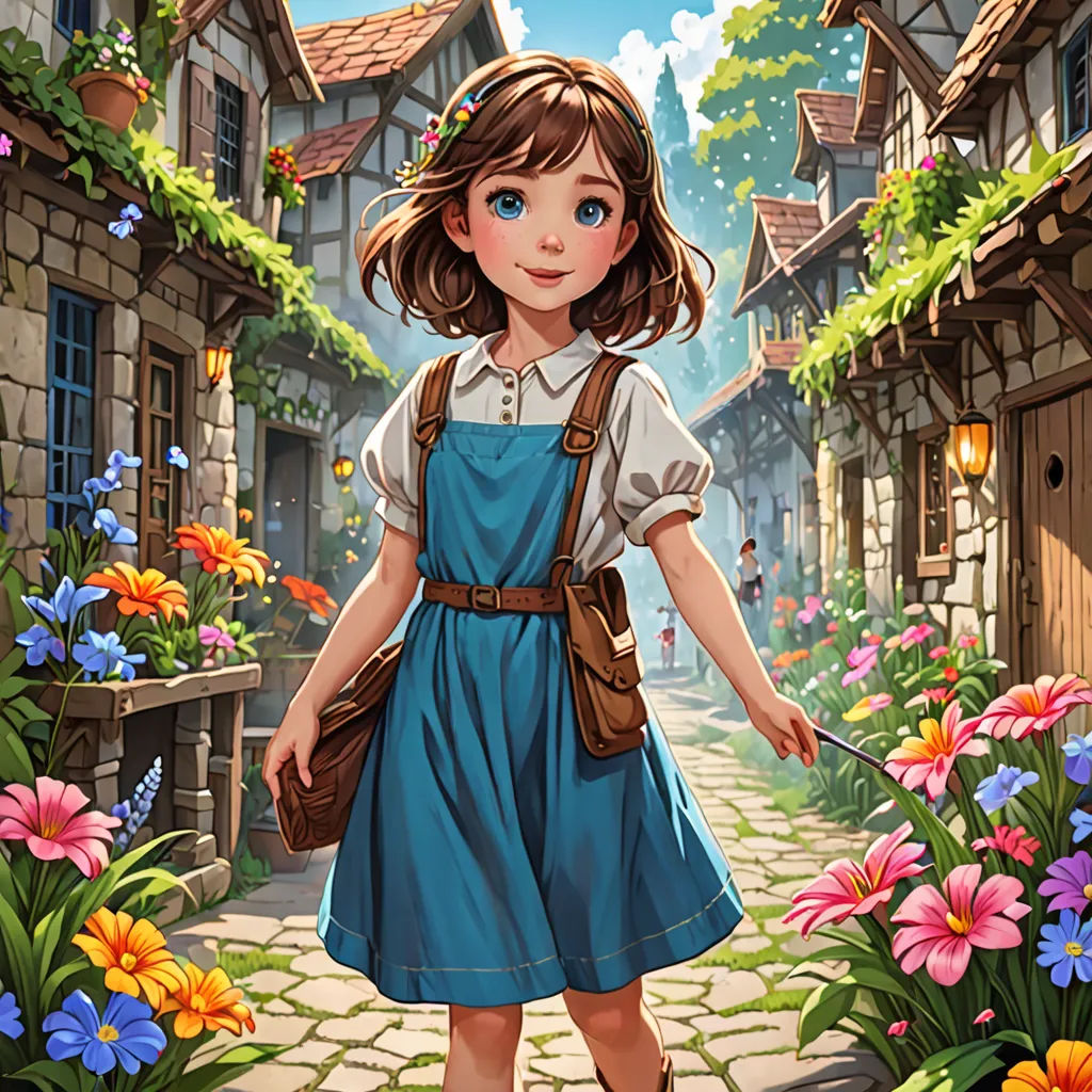 a girl in a blue dress is walking down a street with flowers and a house in the background and a bird flying overhead, fantasy art, a storybook illustration, Alice Prin, rossdraws global illumination