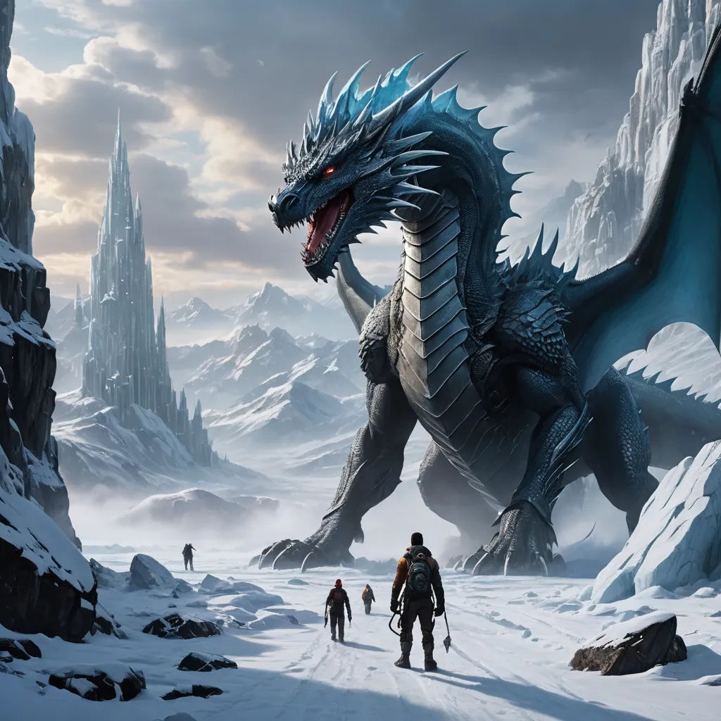 a group of people walking across a snow covered field next to a giant dragon statue in the middle of a mountain, fantasy art, a detailed matte painting, Clint Cearley, dragon art