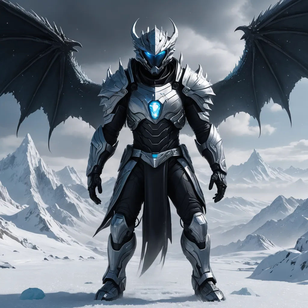 a man in a suit with wings standing in the snow with a dragon like head and wings on his chest, fantasy art, concept art, Anne Stokes, epic fantasy character art