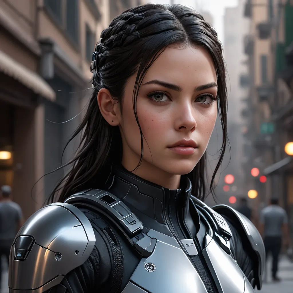 a woman in a futuristic suit standing on a street corner in a city with buildings and people in the background, photorealism, a photorealistic painting, Cedric Peyravernay, cgstudio