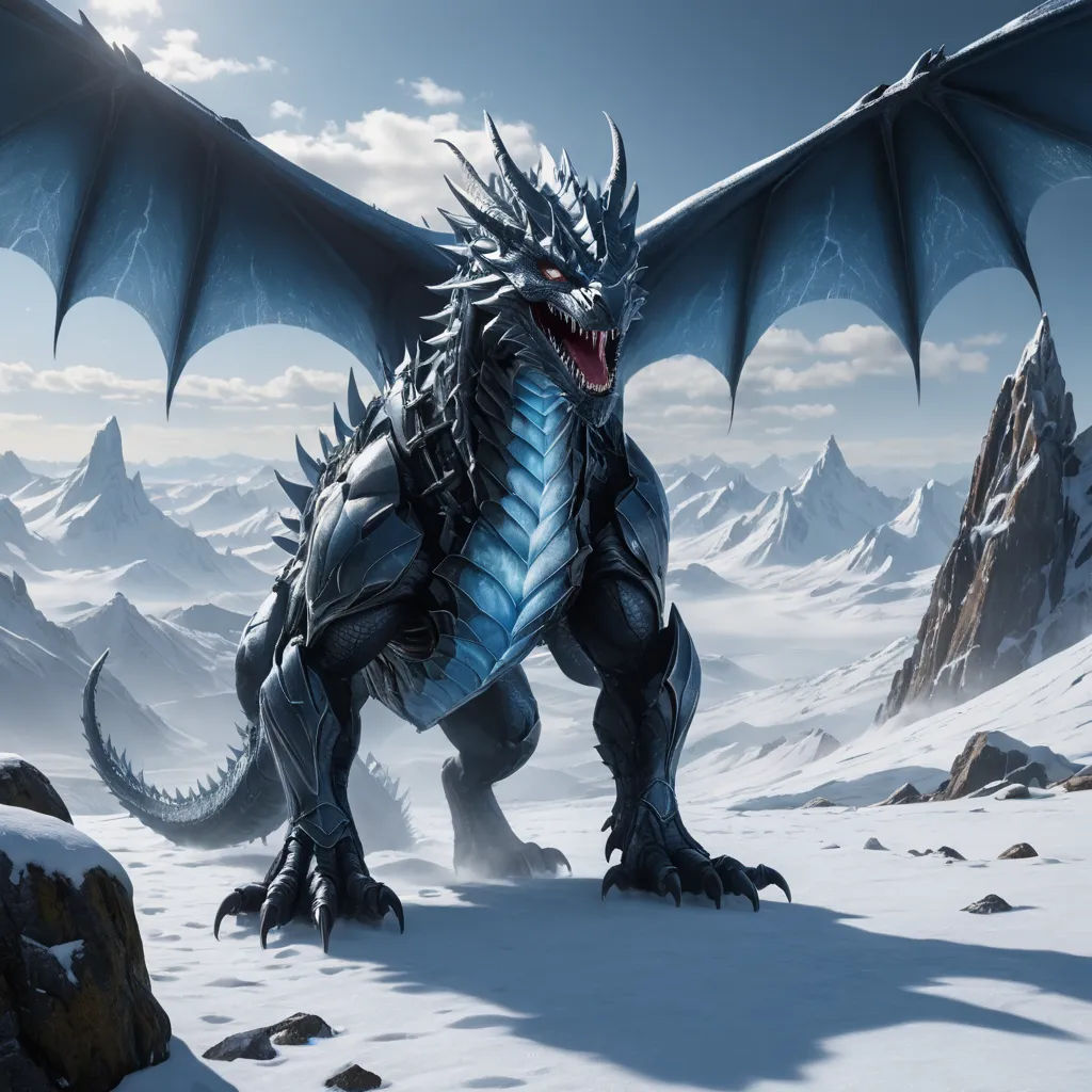 a dragon with a huge head and sharp teeth standing in the snow with mountains in the background and a sky with clouds, fantasy art, an ambient occlusion render, Cedric Peyravernay, dragon art