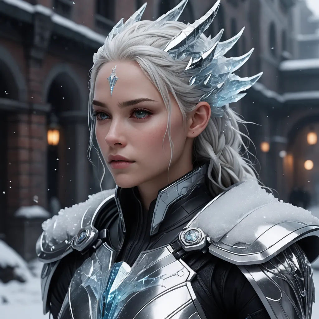 a woman with white hair and a silver outfit in a snowy area with a building in the background and a street light, fantasy art, concept art, Clint Cearley, trending on artstation hq