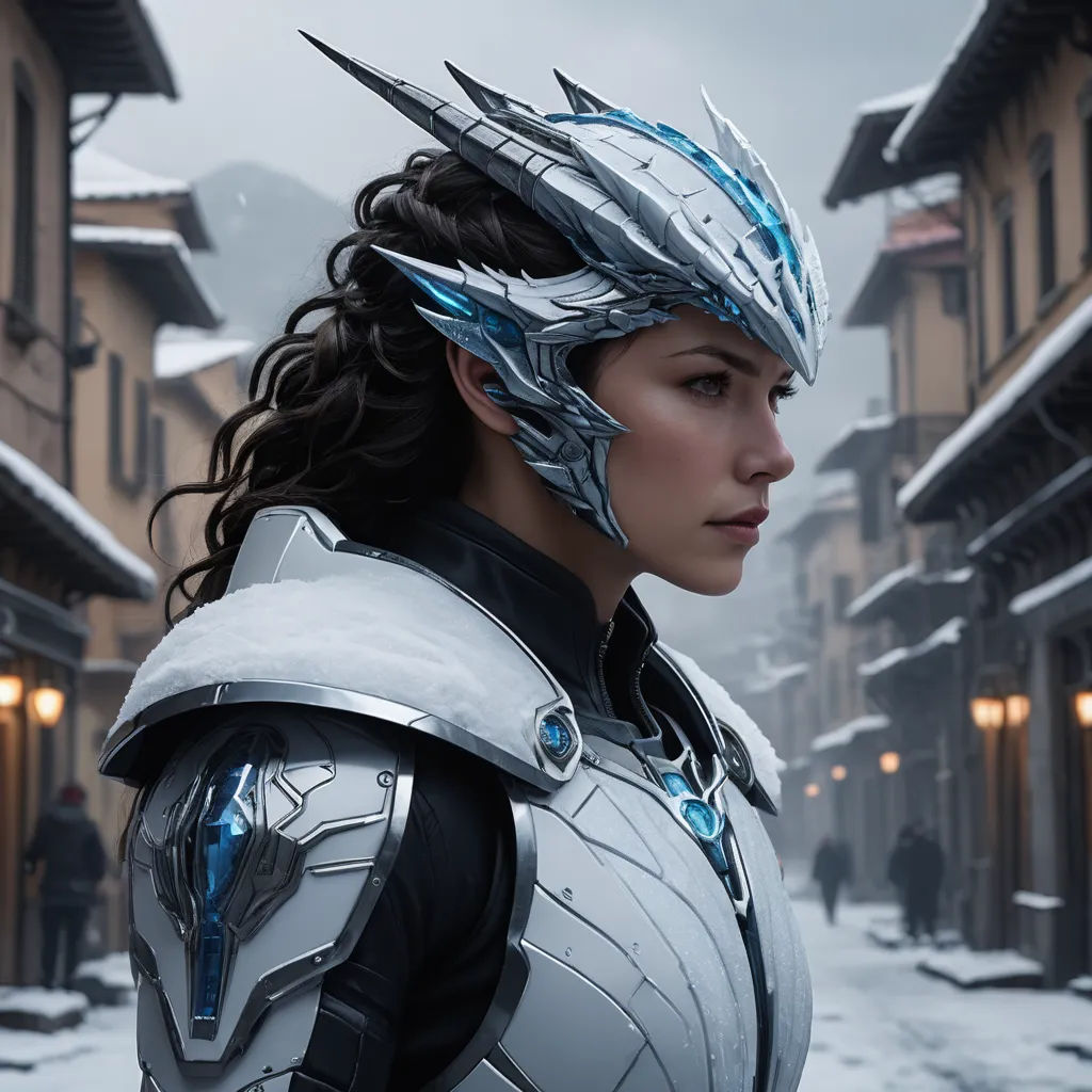 a woman in a futuristic suit and helmet in a snowy town street with buildings and a snow covered street, aestheticism, a character portrait, Cedric Peyravernay, warframe armor