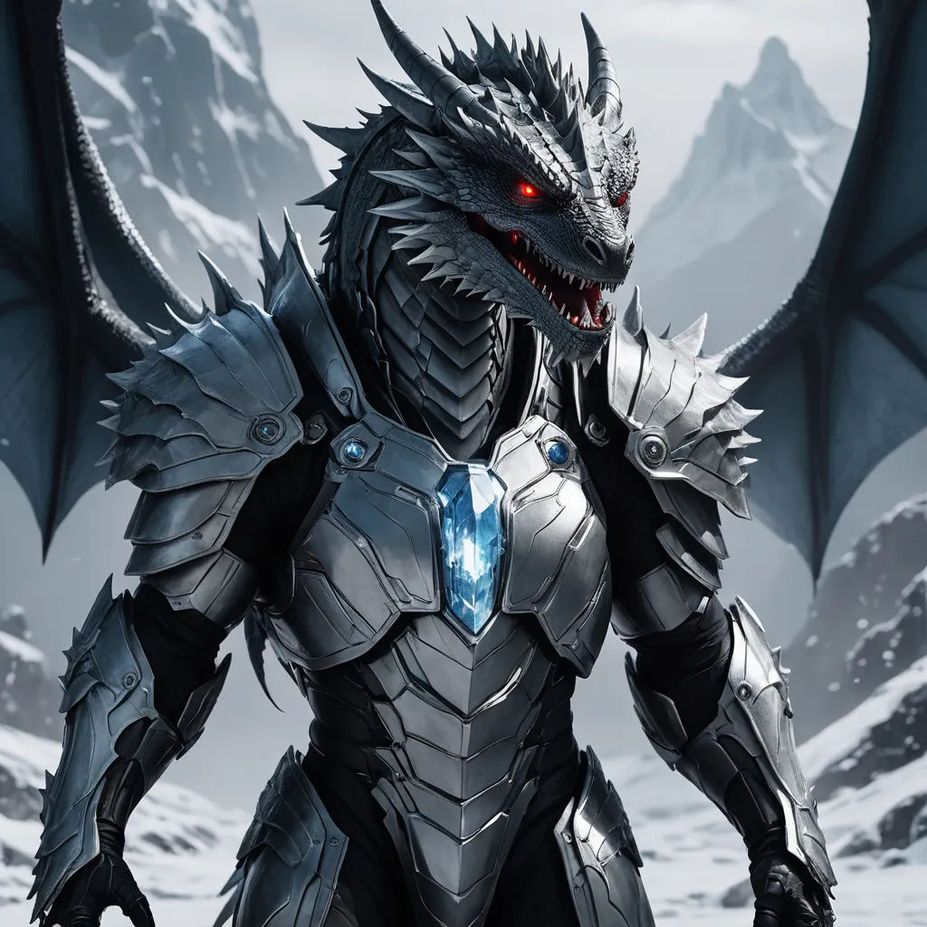 a dragon with a blue light on its eyes and a black body with a large head and horns, standing in front of a snowy mountain, fantasy art, an ambient occlusion render, Cedric Seaut (Keos Masons), dragon art