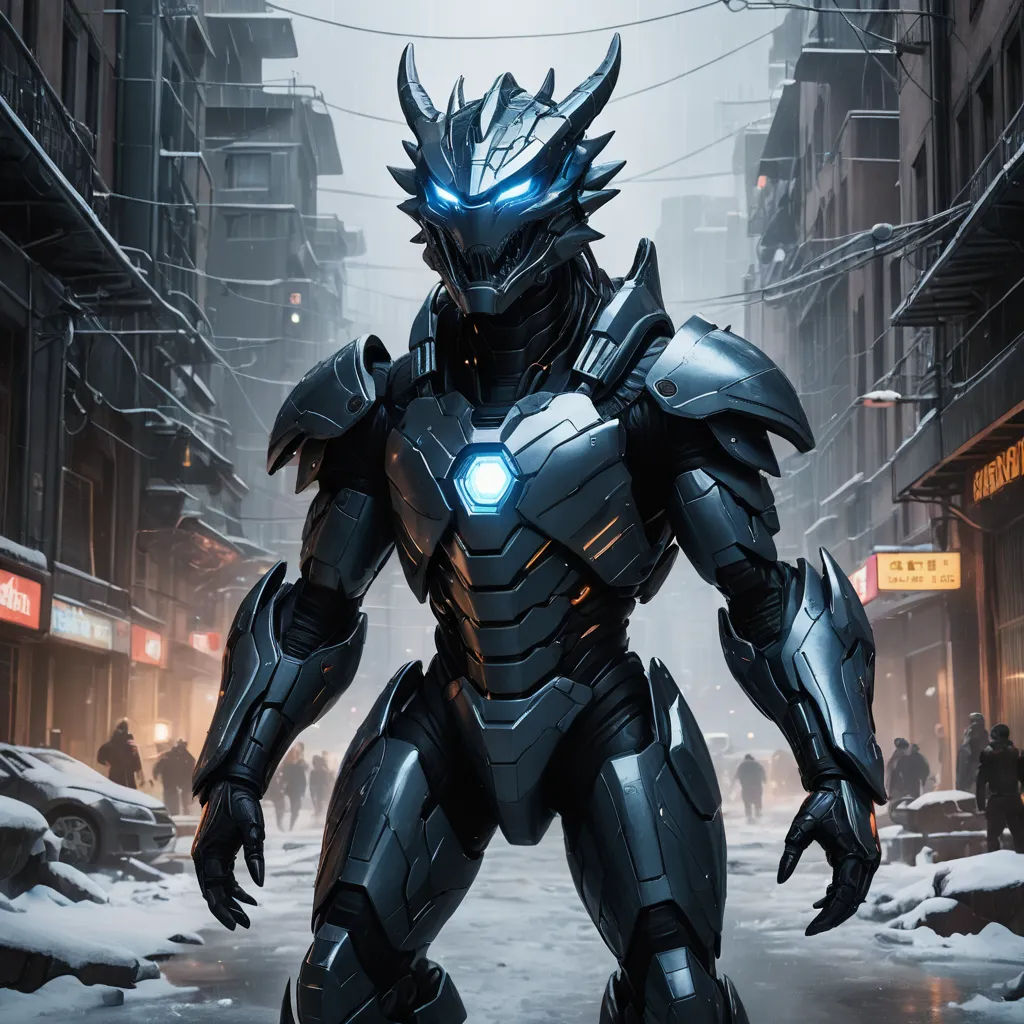 a robot standing in a snowy city street with a glowing head and glowing eyes on his face, with a city street in the background, fantasy art, concept art, Clint Cearley, armor