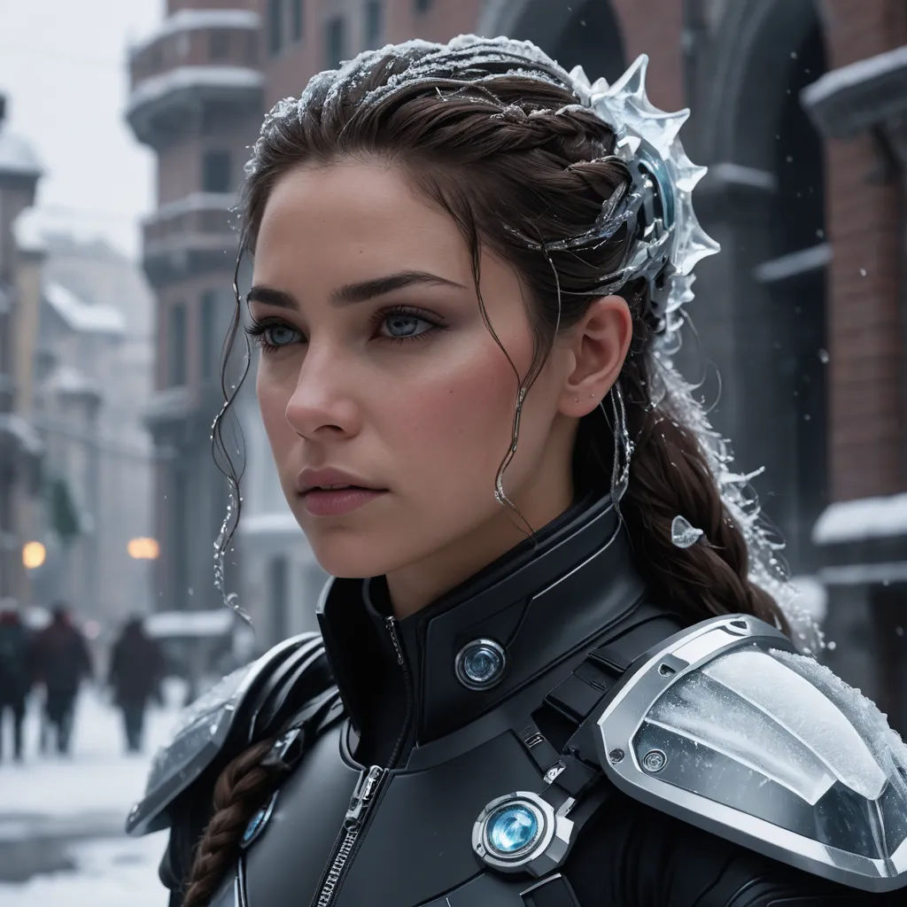 a woman in a black suit with a silver helmet and a star on her head and a chain around her neck, antipodeans, a detailed matte painting, Cedric Peyravernay, vfx