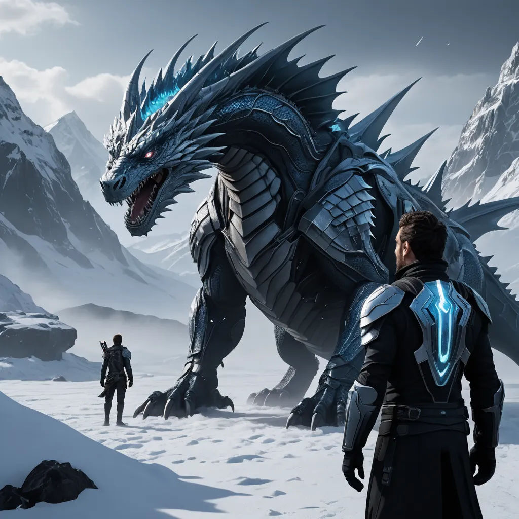 a man standing next to a giant dragon in the snow with a man standing next to it in front of him, fantasy art, concept art, Cedric Peyravernay, unreal 5