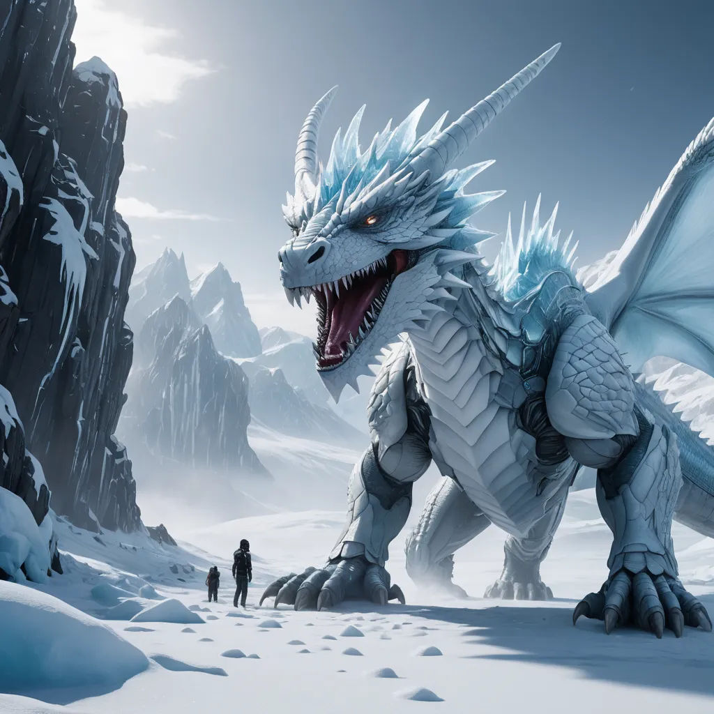 a white dragon with blue wings standing in the snow with a man standing next to it and a mountain in the background, fantasy art, an ambient occlusion render, Dirk Crabeth, dragon art