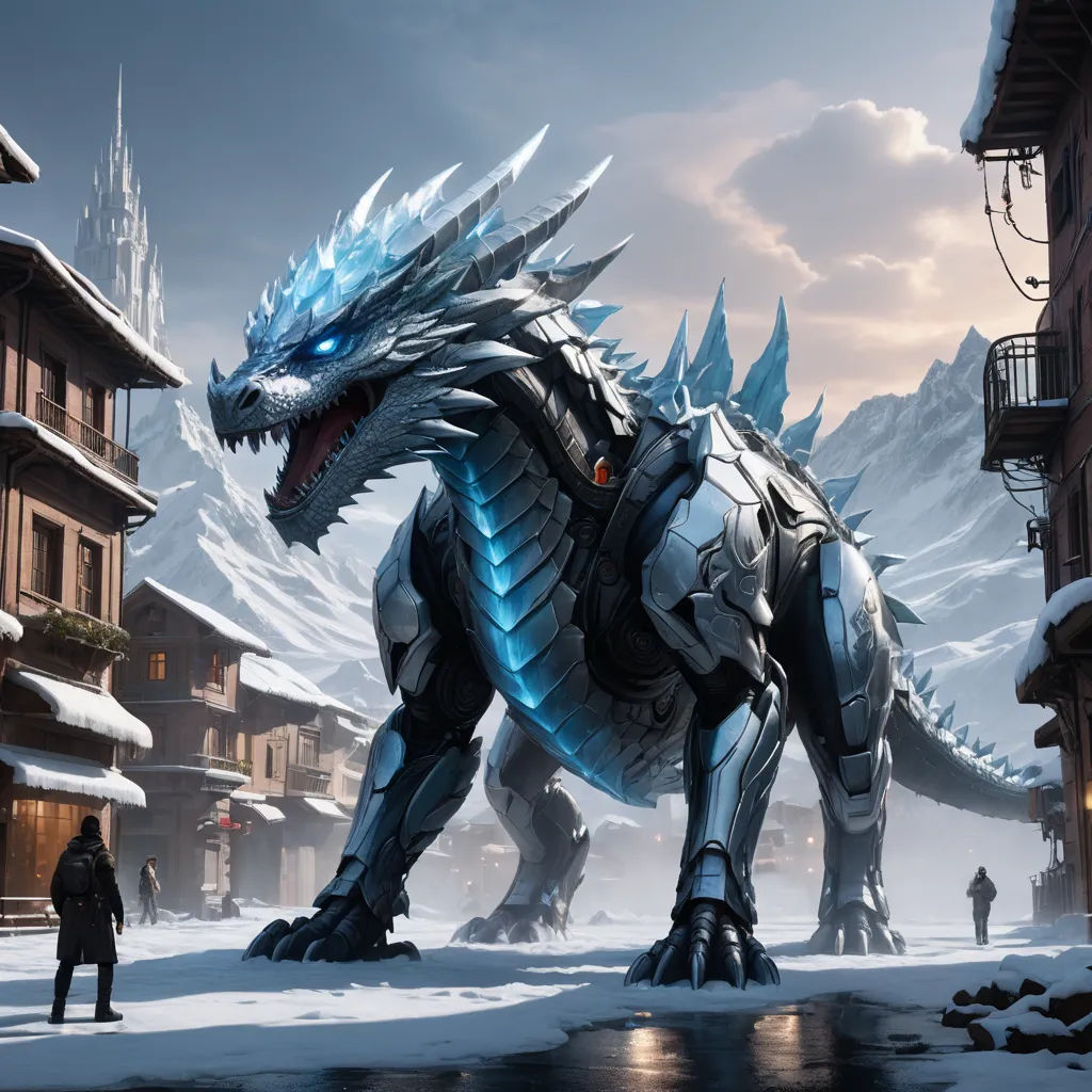 a large dragon with a massive head and sharp teeth standing in front of a snowy town with a man standing in front of it, fantasy art, concept art, Cedric Peyravernay, dragon art