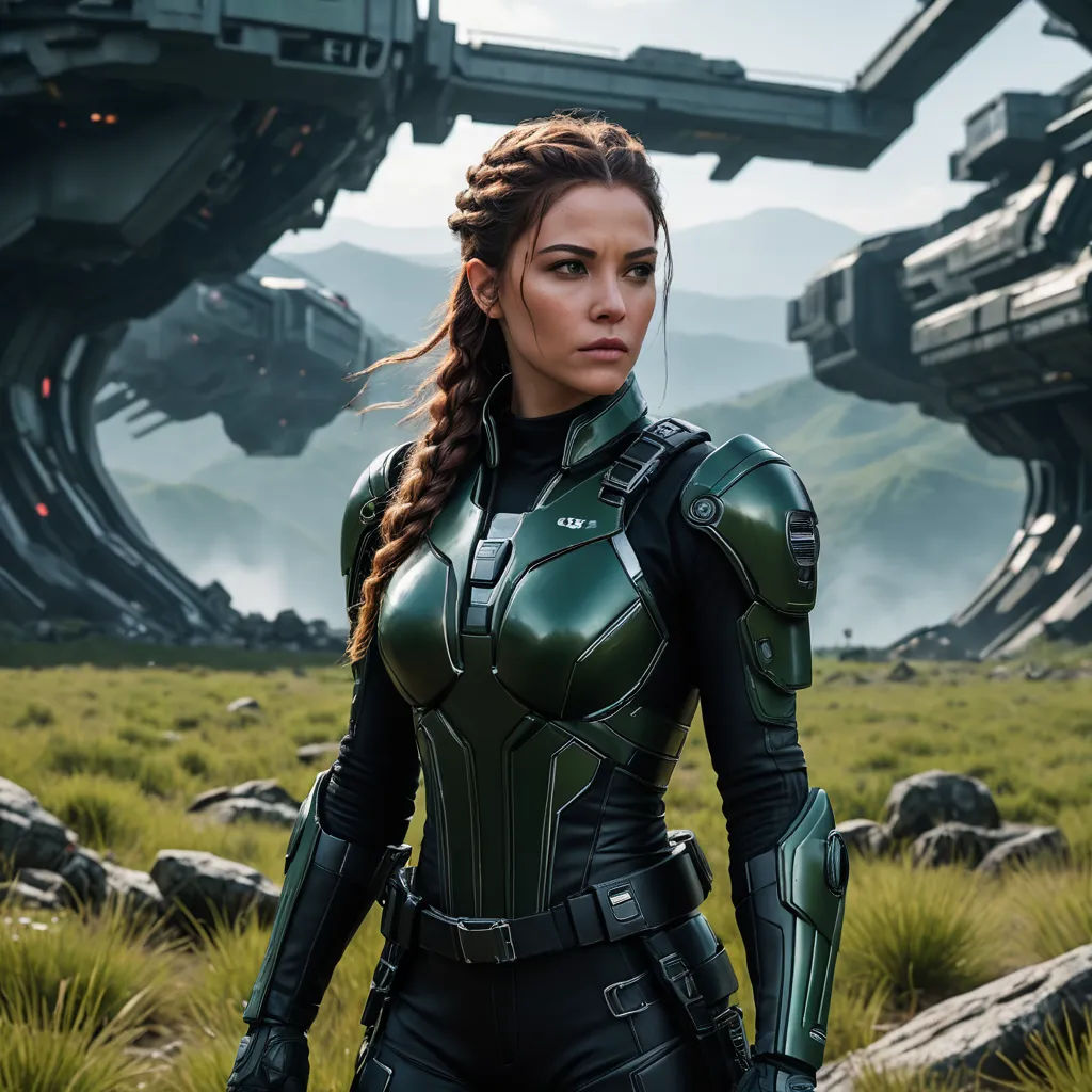 a woman in a green suit standing in front of a sci - fi fi fi fi fi fi fi fi fi fi fi fi fi fi fi fi fi fi fi fi fi fi fi fi fi fi fi fi fi fi fi, antipodeans, a detailed matte painting, Eve Ryder, imax 70 mm footage