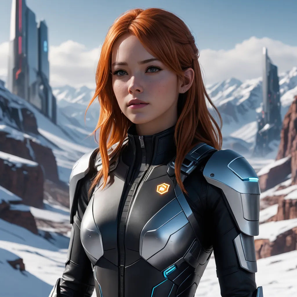 a woman in a futuristic suit standing in the snow with mountains in the background and a city in the distance, retrofuturism, a character portrait, Eve Ryder, unreal engine 5 highly rendered